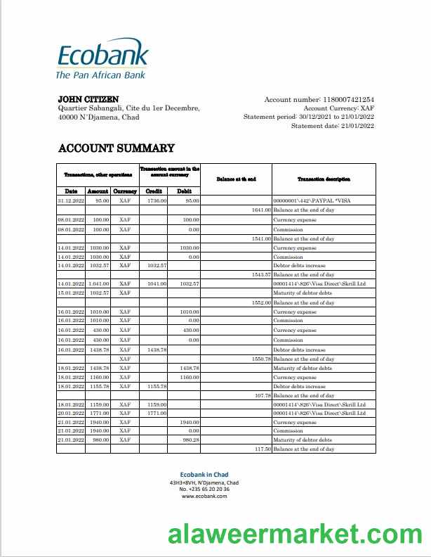 Chad Ecobank bank statement Excel and PDF template, completely editable (AutoSum)